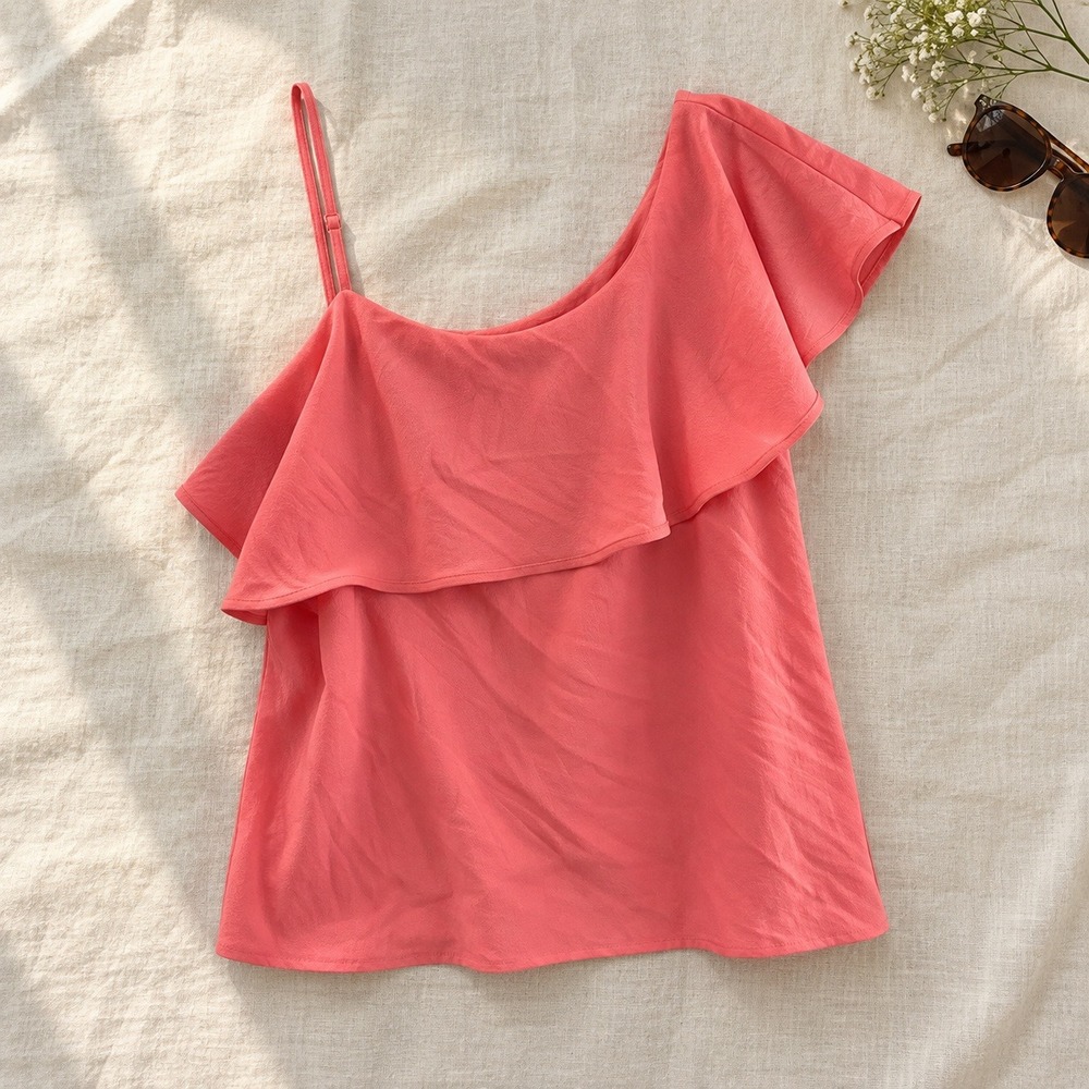 Charlie Paige Coral Pink One Shoulder Ruffle Top NWT Large